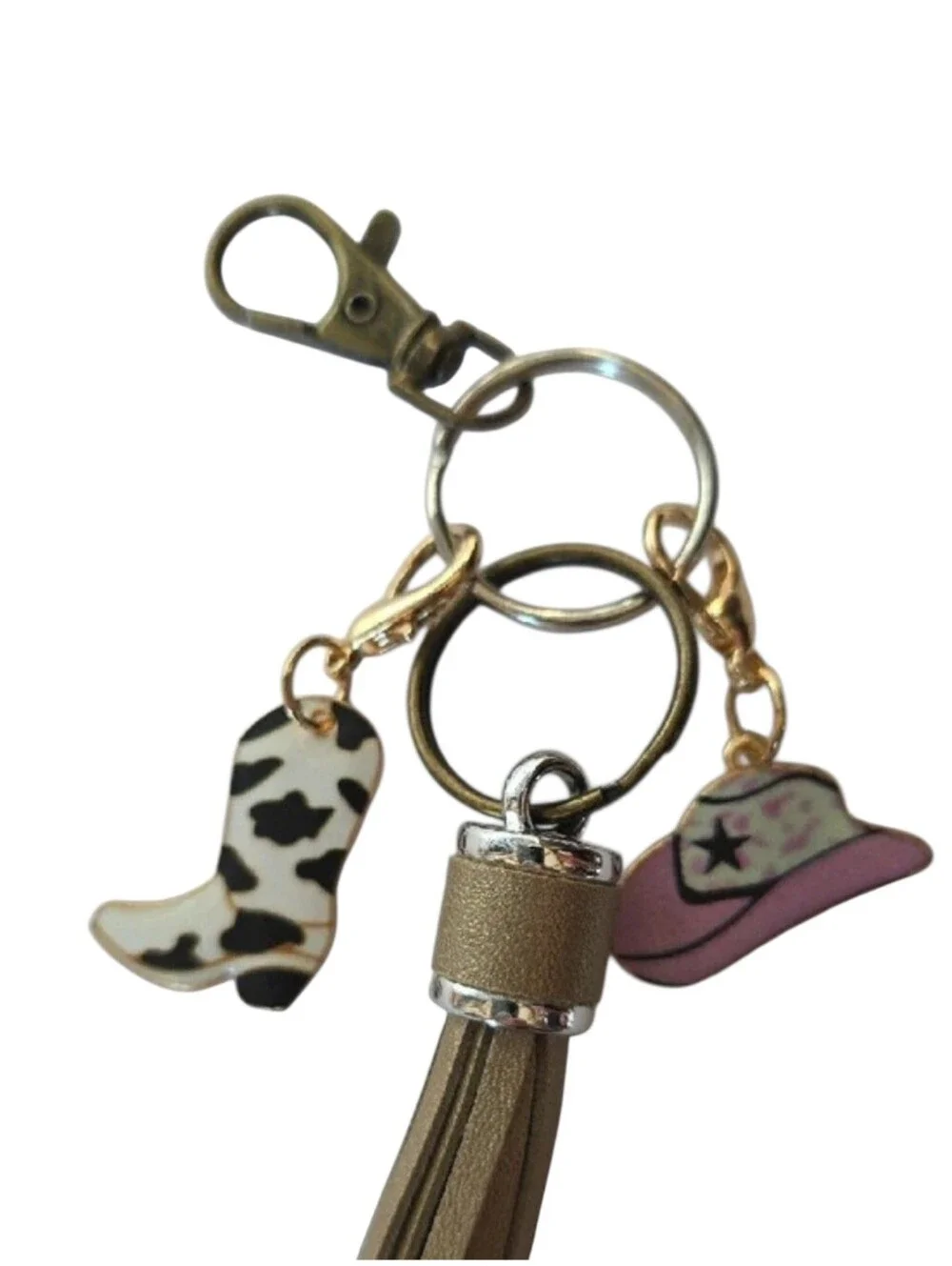Western Gold Tassel Keychain with Pink Cowboy Hat & Cowhide Boot Charms